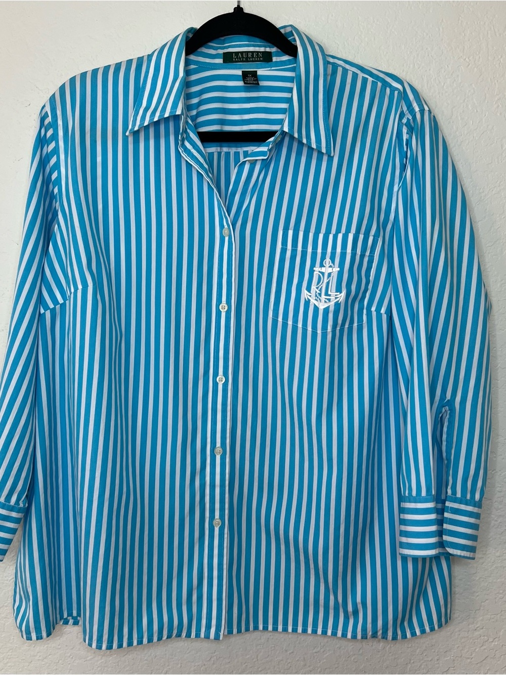 Lauren Ralph Lauren Blue Striped Nautical Blouse Embroidered Logo Womens Size 1X